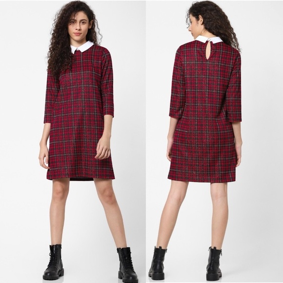 ONLY Jester Red Plaid Checked Shift Dress w. Shirt Collar NWT - Size XS - Picture 4 of 16